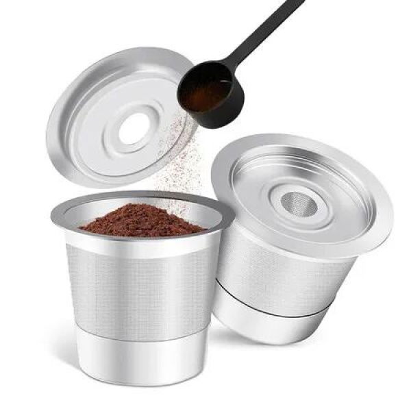 2 Reusable Stainless Steel Coffee Capsules With coffee Spoon Kuerig 1.0 Compatible Filter Coffee Machine