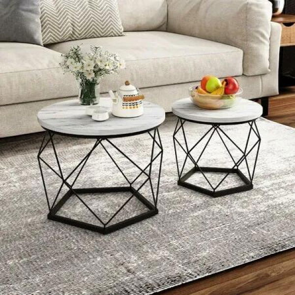 2 Round Coffee Table Set Sofa Bed Side End Nightstand Tea Cafe Cocktail Lounge Lamp Modern Black Metal Faux Marble Top