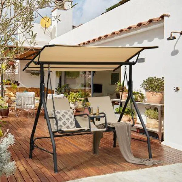 2-seat Outdoor Patio Swing With Adjustable Canopy For Garden/Porch/Backyard.