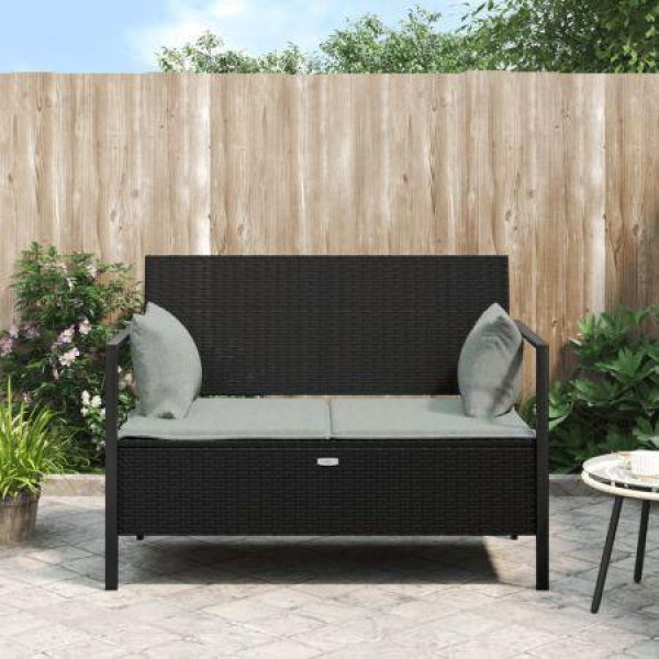 2-Seater Garden Bench With Cushions Black Poly Rattan