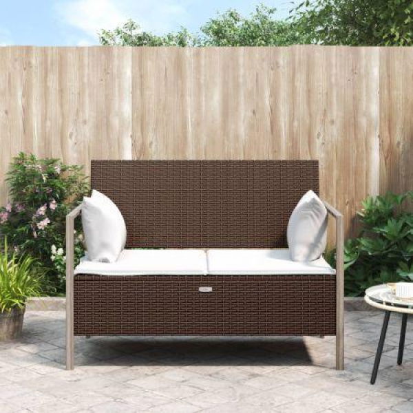 2-Seater Garden Bench With Cushions Brown Poly Rattan