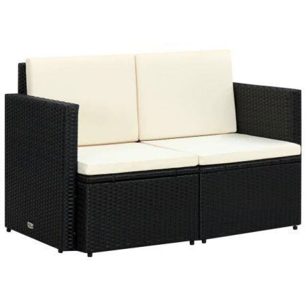 2 Seater Garden Sofa With Cushions Black Poly Rattan