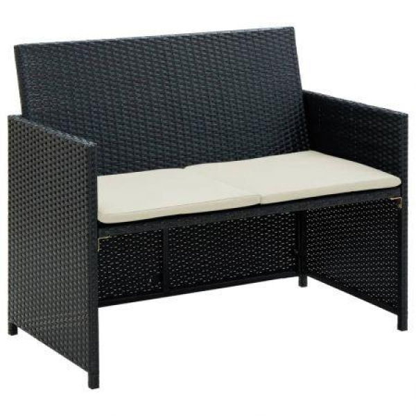 2 Seater Garden Sofa With Cushions Black Poly Rattan