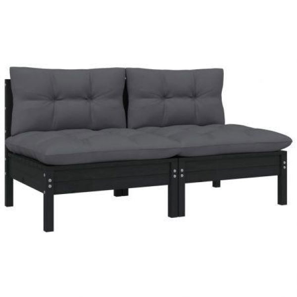 2-Seater Garden Sofa With Cushions Black Solid Pinewood