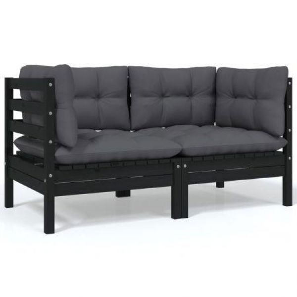 2-Seater Garden Sofa With Cushions Black Solid Pinewood