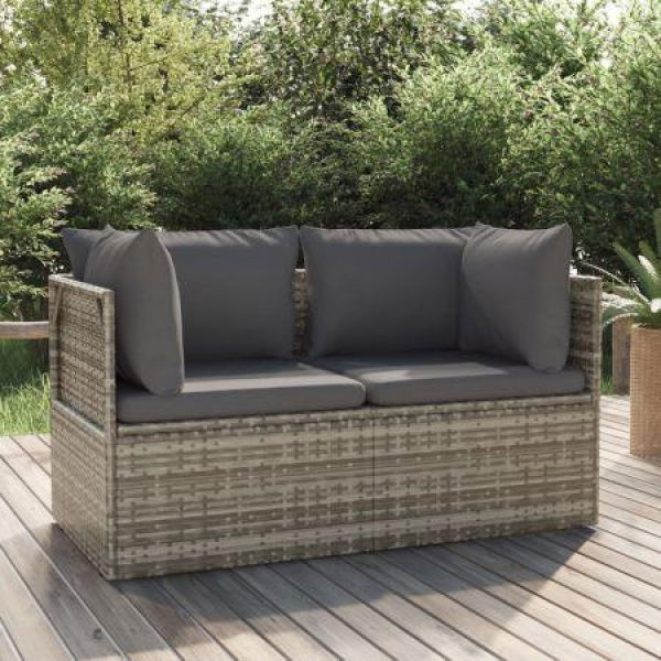 2-Seater Garden Sofa With Cushions Grey Poly Rattan