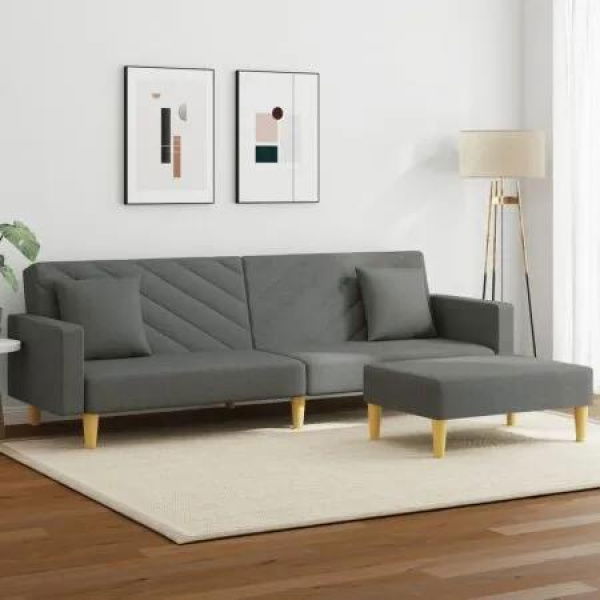 2-Seater Sofa Bed with Pillows and Footstool Dark Grey Fabric