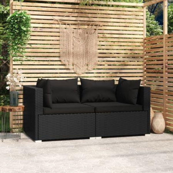 2-Seater Sofa With Cushions Black Poly Rattan