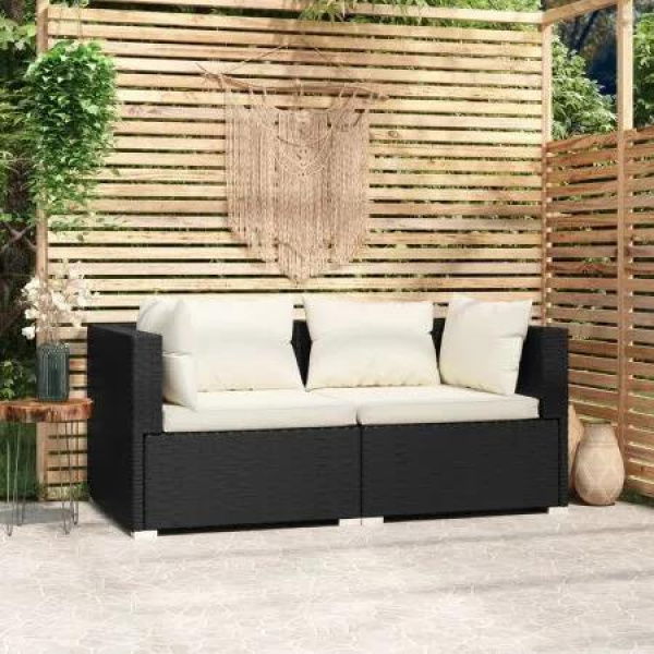 2-Seater Sofa with Cushions Black Poly Rattan