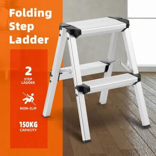 2 Step Folding Ladder Aluminium Collapsible Stool Foldable Portable Stairs Lightweight Household Warehouse Stepladder