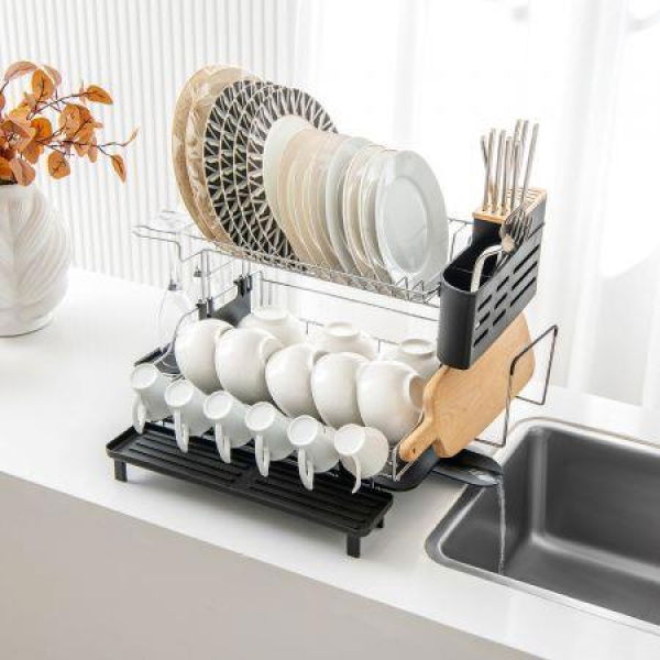 2-Tier Detachable Dish Drying Rack With Cutlery Holder & 360-degree Swiveling Spout.