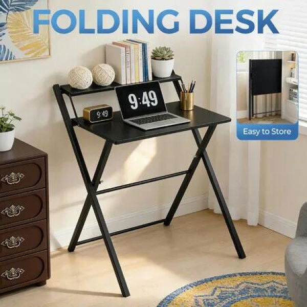 2-Tier Folding Table Office Work Study Computer Laptop Desk Storage Corner Shelf Foldaway Collapsible Coffee Writing Small Space Saver Black 70x79.5cm