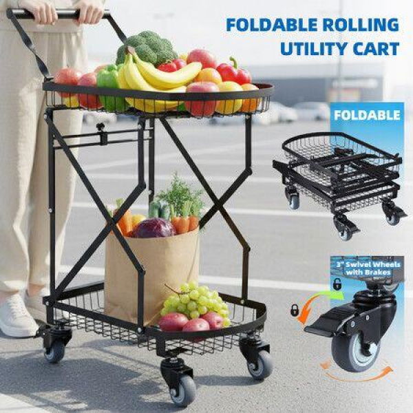 2-Tier Folding Trolley Cart Utility Shopping Heavy Duty 60kg Collapsible Storage Rolling Braked Caster Wheels Portable Push Hand Truck Grocery Office