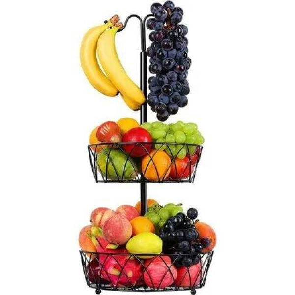 2 Tier Fruit Stand Basket Hanger Fruit And Vegetable Storage With Hook Detachable Holder Stand For Kitchen Countertop Organizer