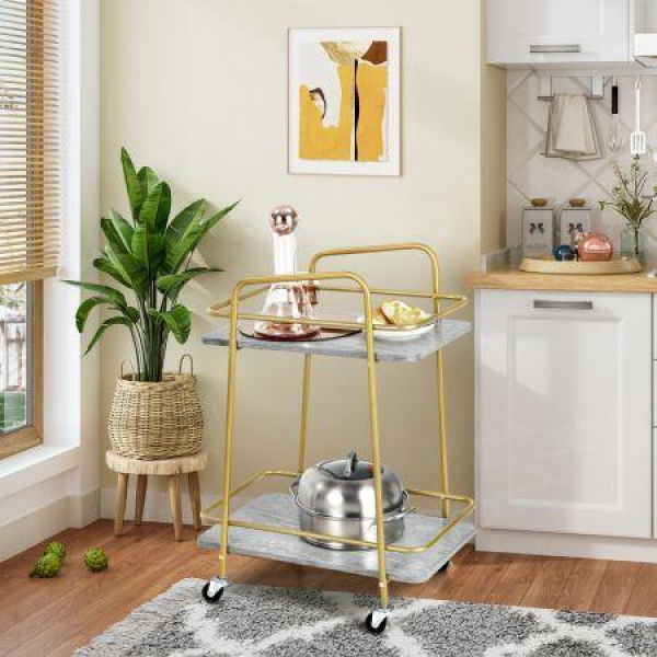 2-tier Kitchen Rolling Cart With Steel Frame And Lockable Casters