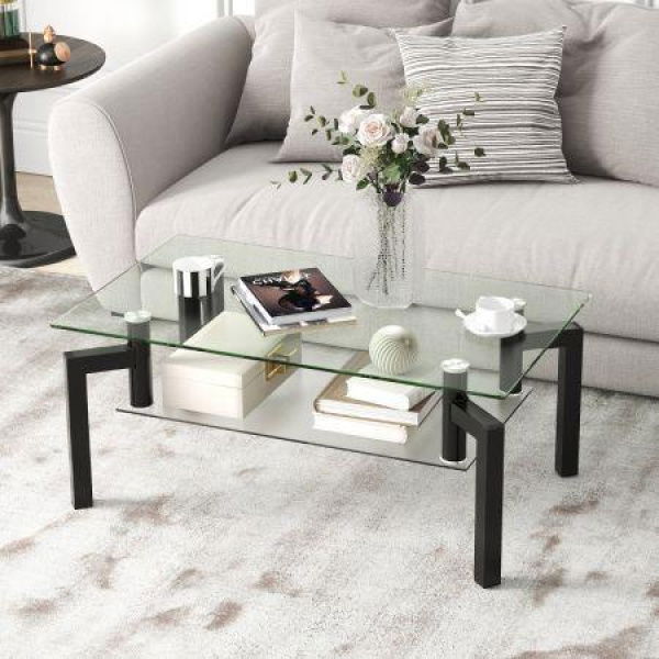 2-Tier Rectangular Glass Coffee Table With Tempered Glass Tabletop