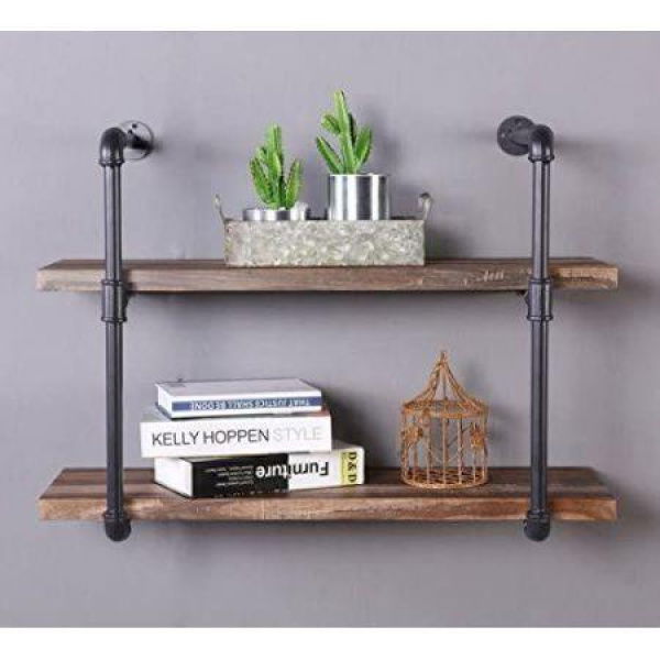 2 Tier Vintage Industrial Pipe Wall Shelf Retro Brown