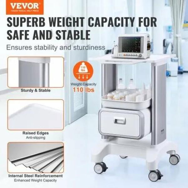 2 Tiers Lab Carts Mobile Medical Cart with 1 Drawer & 1 Top Tray White