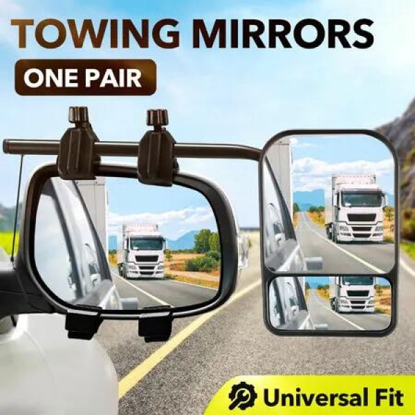 2 Towing Mirrors Car Safety Convex Flat Mirror Pair Clamp On Clipon Caravan Side 4X4 Trailer Universal Fit Offroad Camper Travel RV Truck Vehicle