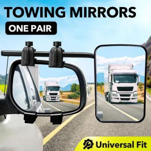 2 Towing Mirrors Caravan Car Safety Convex Flat Mirror Clipon Side 4X4 Trailer Heavy Duty Multi Fit Clamp On Truck Offroad Camper Travel RV Vehicle