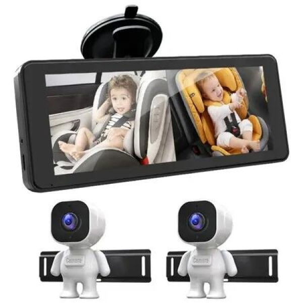 2 Way Baby Car Camera HD 1080P Car Monitor 6.86 inch Display 360 Degree Wide Angle Lens Night Vision Auto Switching, 12V Baby Car Seat Monitor,White