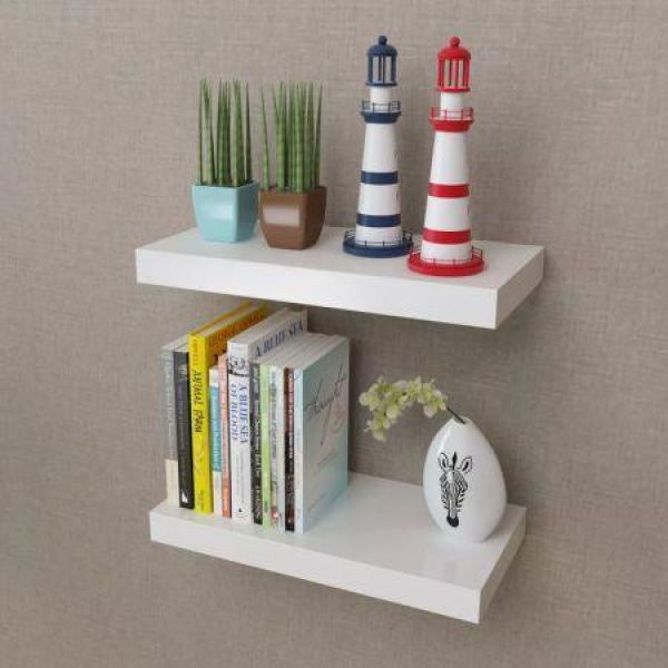 2 White MDF Floating Wall Display Shelves Book/DVD Storage