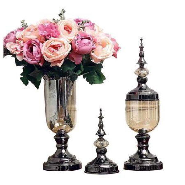 2 X Clear Glass Flower Vase With Lid And Pink Flower Filler Vase Black Set