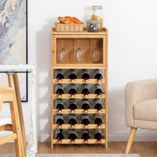 20-Bottle Bamboo Wine Rack Cabinet With Glass Hanger For Bar & Kitchen.