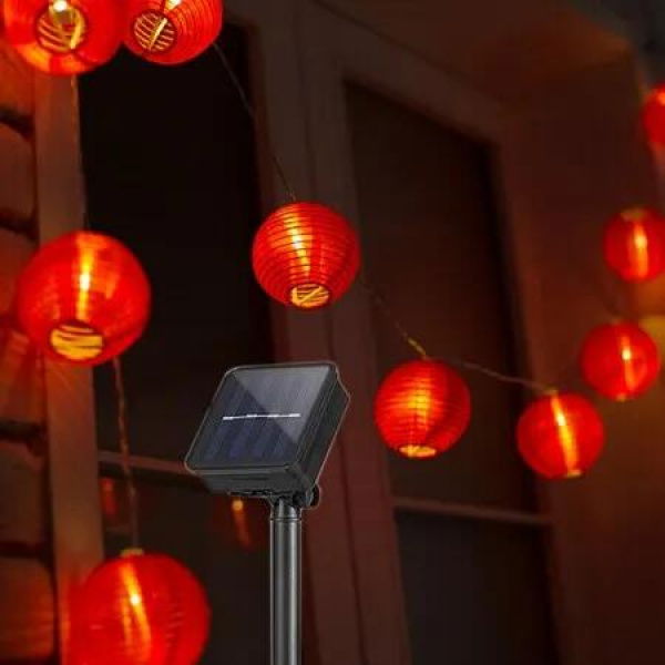 20 LED Solar Red Paper Lantern String Lights 5m Fabric Festivals Wedding New Year Spring Festival Christmas Party Decorations 8 Modes