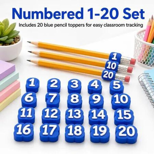 20 Pcs 1-20 Number Pencil Toppers, Reusable Student Number Tracking Labels for Teachers, Classroom Organizer School Stationery (Blue)