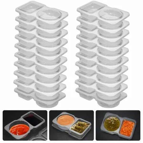 20 Set Reusable Snack Containers,2 Compartment Dipping Containers with Lid for Refrigeration,Portion Control,Outdoor Takeaway Sauce Dip Case