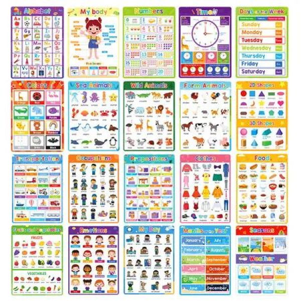 20 Sheets Fun Learning Poster Flash Cards Pre-K and Kindergarten Learning Activities Suitable for Autistic Children and Primary School Kids