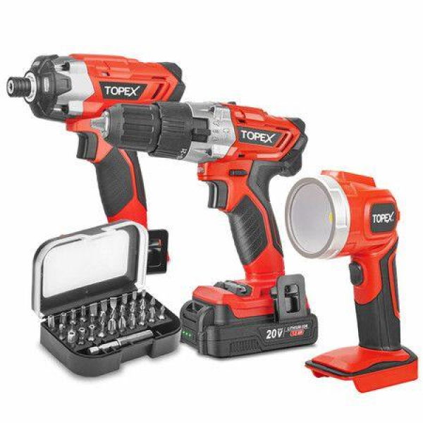 20 V Cordless Kit: Hammer Drill, Impact Driver, LED Light w/ Screw Bits