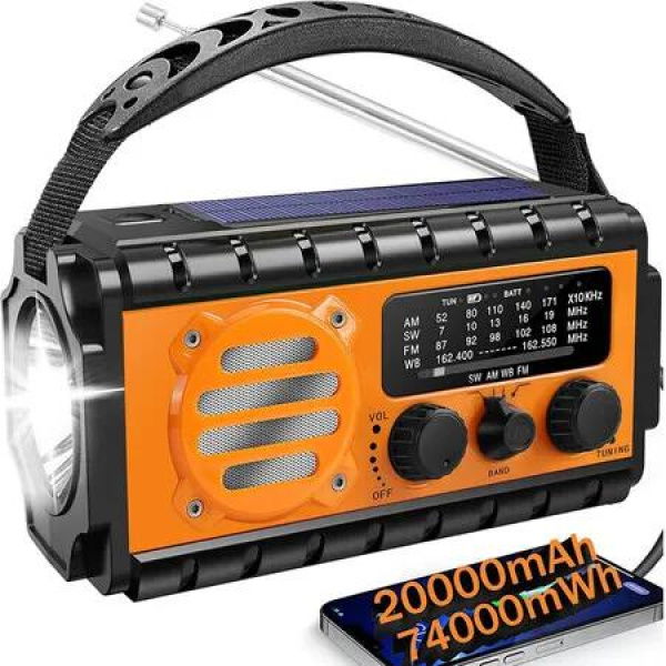 20000mWh Emergency Radio, Portable Hand Crank SW/AM/FM Survival Radio with Fast Charge Rechargeable Solar Battery, Flashlight for Outdoor Home (Orange)