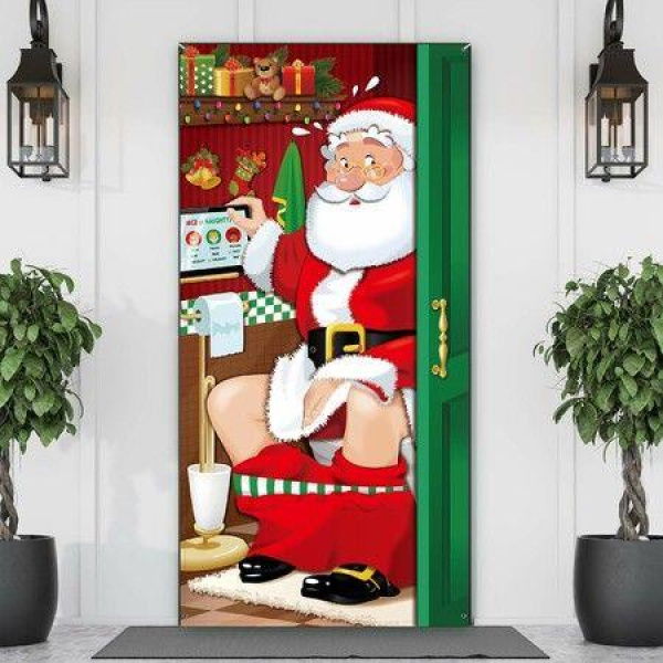 200*90cm Christmas Door Cover, Funny Elves Door Backdrop Fabric Santa Backdrop Christmas Background Banner Xmas Door Christmas Party Decorations,