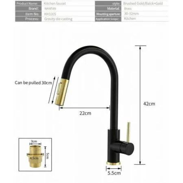 2023 Brushed Gold Spout Matte Black pull out with spray function kitchen mixer tap faucet