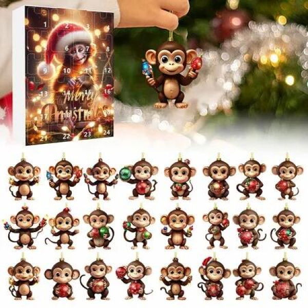 2024 Christmas Advent Calendar 24 Day Christmas 2D Flat Hanging Monkey Figures and Accessories Christmas Countdown Gift