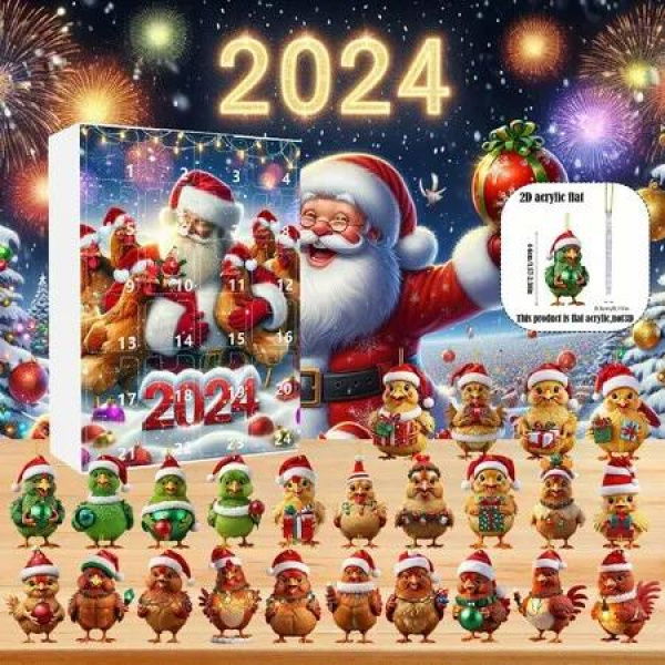 2024 Christmas Advent Calendar 24 Day Christmas 2D Plain Hanging Roosters Chickens Figures and Accessories Christmas Countdown Gift