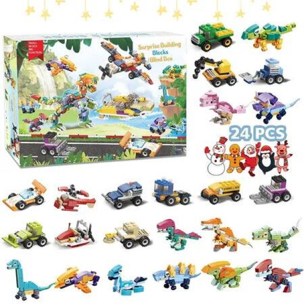 2024 Christmas Advent Calendar Set, 24 Pack Building Block Set Dino Engineering Vehicle Toys for Kids, 24 Days Countdown Party Favors for Boys Girls