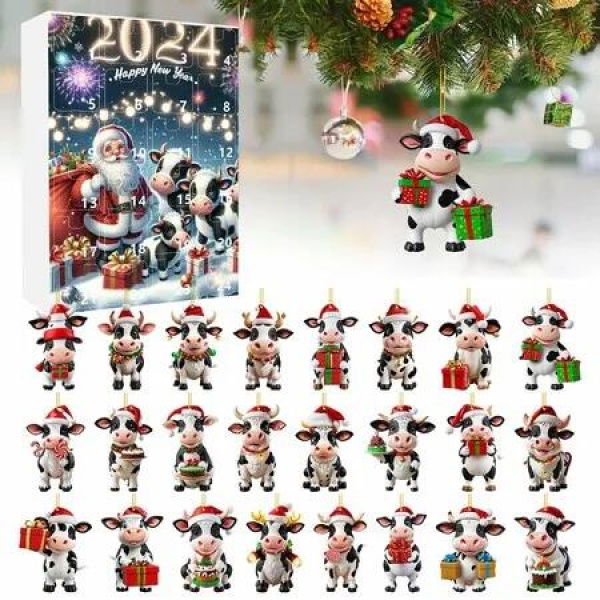 2024 Christmas Cow Advent Calendar 2D Acrylic Cow Ornaments for Christmas Tree Decoration,24 PC Cute Cow Designs,Christmas Home Decor