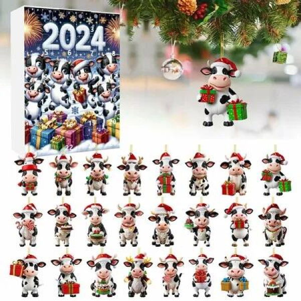 2024 Christmas Cow Advent Calendar 2D Acrylic Cow Ornaments for Christmas Tree Decoration,24 PC Cute Cow Designs,Christmas Home Decor