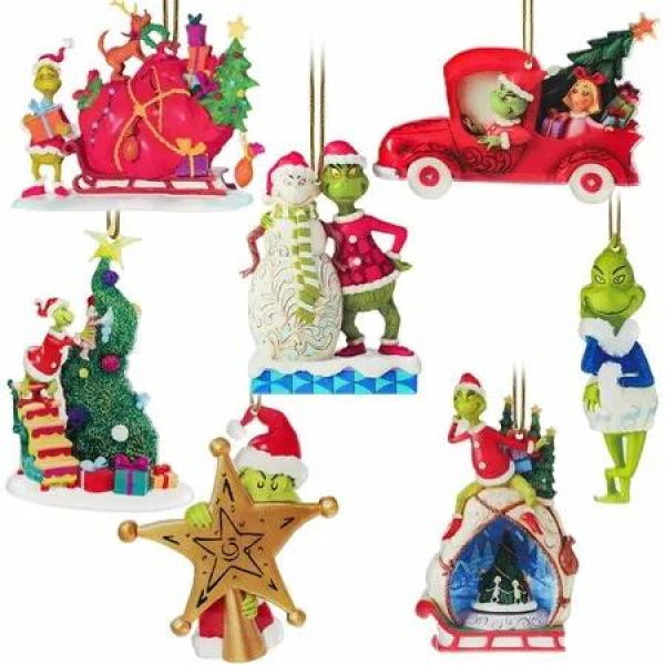 2024 Christmas Tree Decorations,7PCS Acrylic Cute Funny Merry Green Doll Pendants Hanging, 2D Flat Ornaments