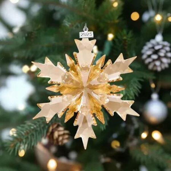 2025 Annual Edition Snowflake Clear Crystal Christmas Ornament, Large Snowflake Ornaments Display Winter Home Decor Christmas Decor Gift, Champagne