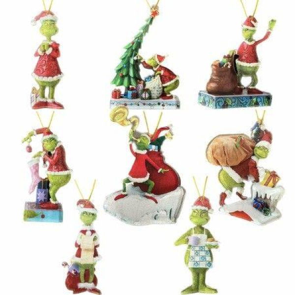 2025 Christmas Grinch Tree Decorations,8PCS Acrylic Cute Funny Green Doll Christmas Pendants Hanging,2D Flat Tree Ornaments with Printing 9cm/3.54in