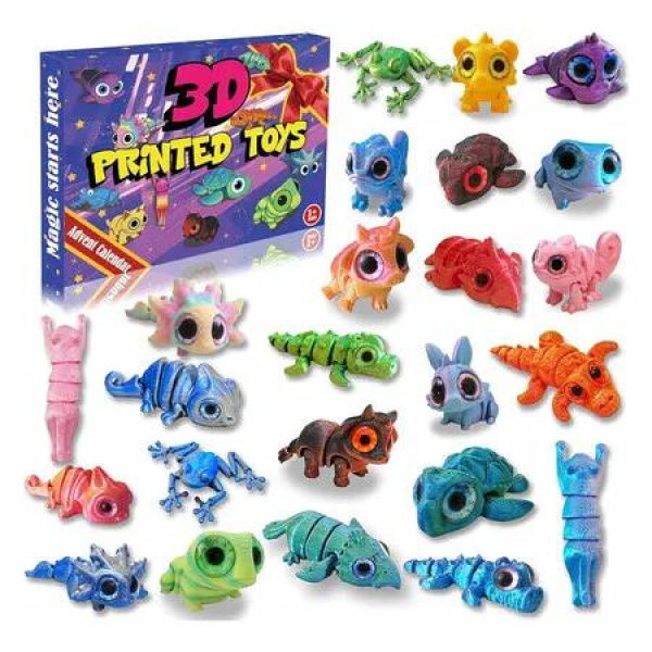 2025 Mini 3D Printed Animals Christmas Advent Calendar, 24PCS Articulated Flexible Figurines Toy Set for Kids Boys Girls Toddlers Age 3 and Up