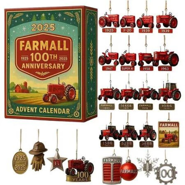 2025 Tractor 100th Anniversary Advent Calendar,24 Days Christmas Countdown Calendar with 2D Flat Acrylic Tractor Ornaments for Xmas Tree Decor