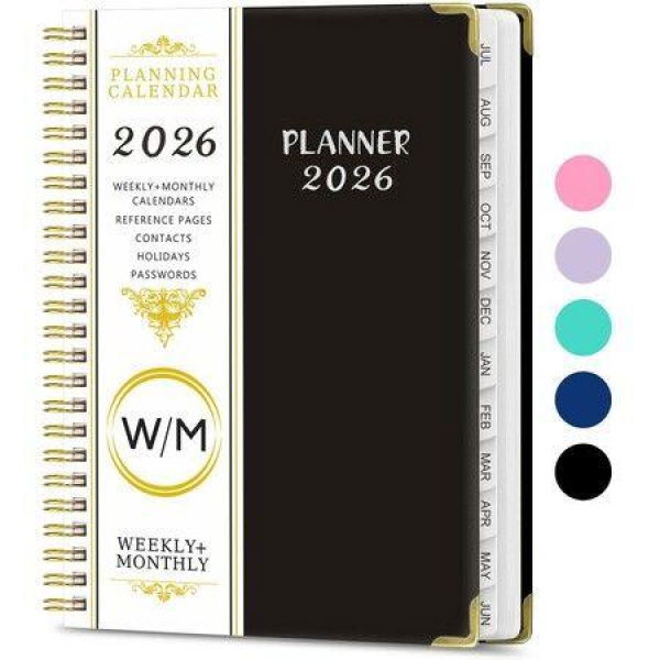 2026 Weekly and Monthly Planner, Jan-Dec Spiral-Bound with Tabs Inner Pocket, 21x 15CM Year Planner Calendar Planner (Black)