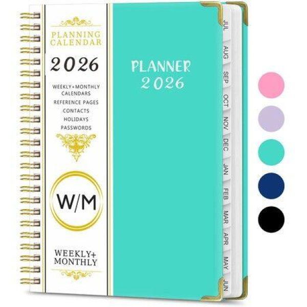 2026 Weekly and Monthly Planner, Jan-Dec Spiral-Bound with Tabs Inner Pocket, 21x 15CM Year Planner Calendar Planner (Cyan Blue)