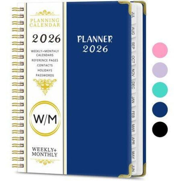 2026 Weekly and Monthly Planner, Jan-Dec Spiral-Bound with Tabs Inner Pocket, 21x 15CM Year Planner Calendar Planner (Navy)