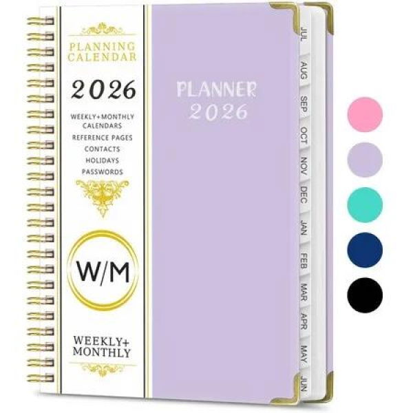 2026 Weekly and Monthly Planner, Jan-Dec Spiral-Bound with Tabs Inner Pocket, 21x 15CM Year Planner Calendar Planner (Purple)